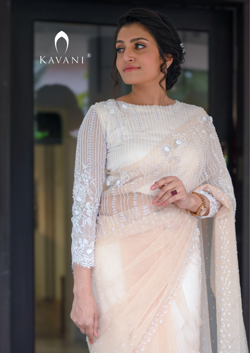 Signature Christian bridal Hand-Embroidered Organza Saree In Mild Blonde Shade