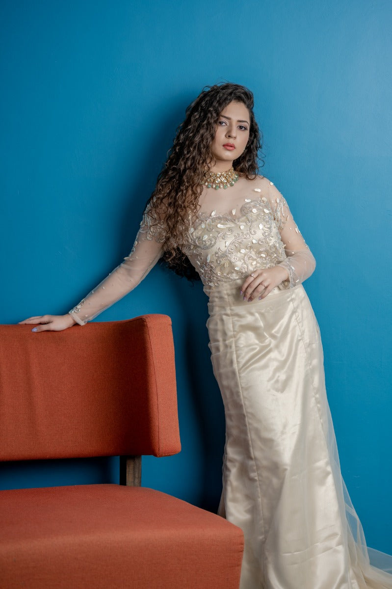 Signature Christian bridal Mermaid gown in beige shade
