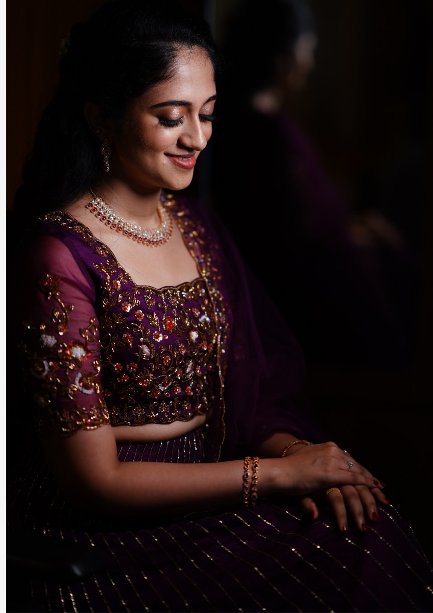 Signature bridal deep Purple hand embroidered Lehenga In Organza