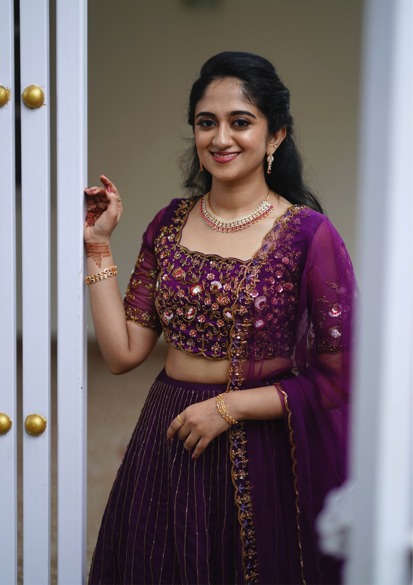 Signature bridal deep Purple hand embroidered Lehenga In Organza