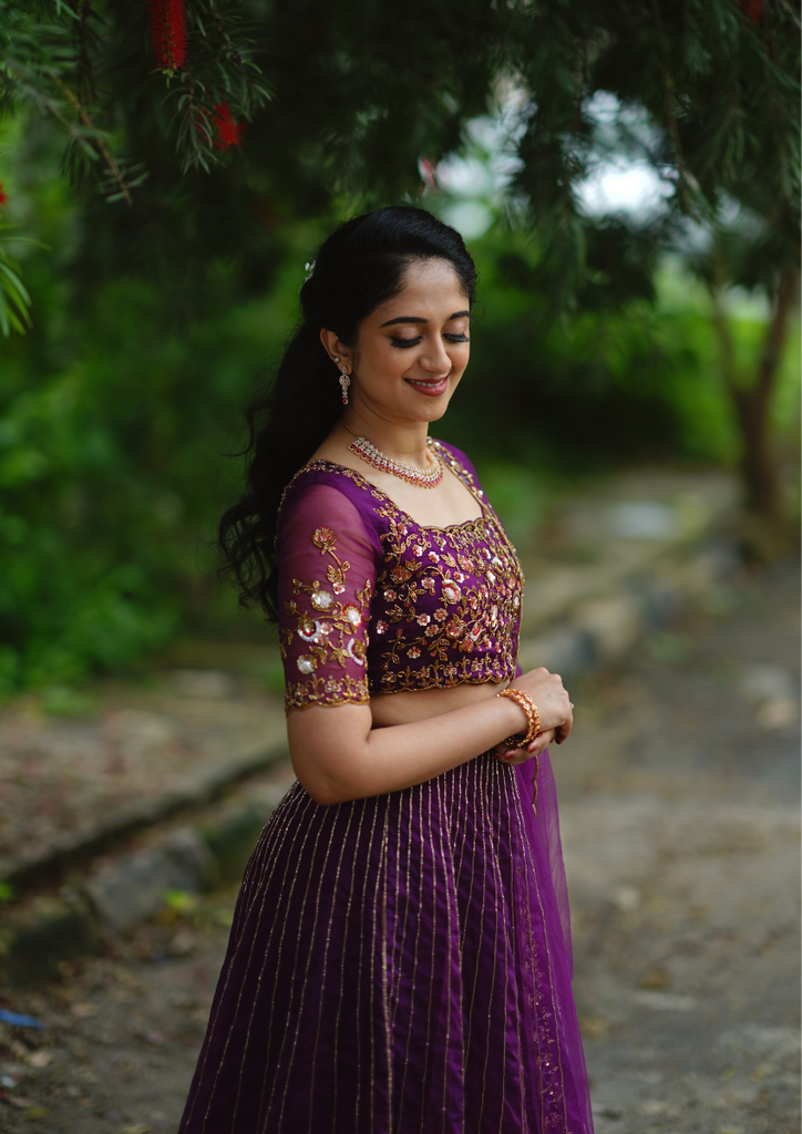 Signature bridal deep Purple hand embroidered Lehenga In Organza