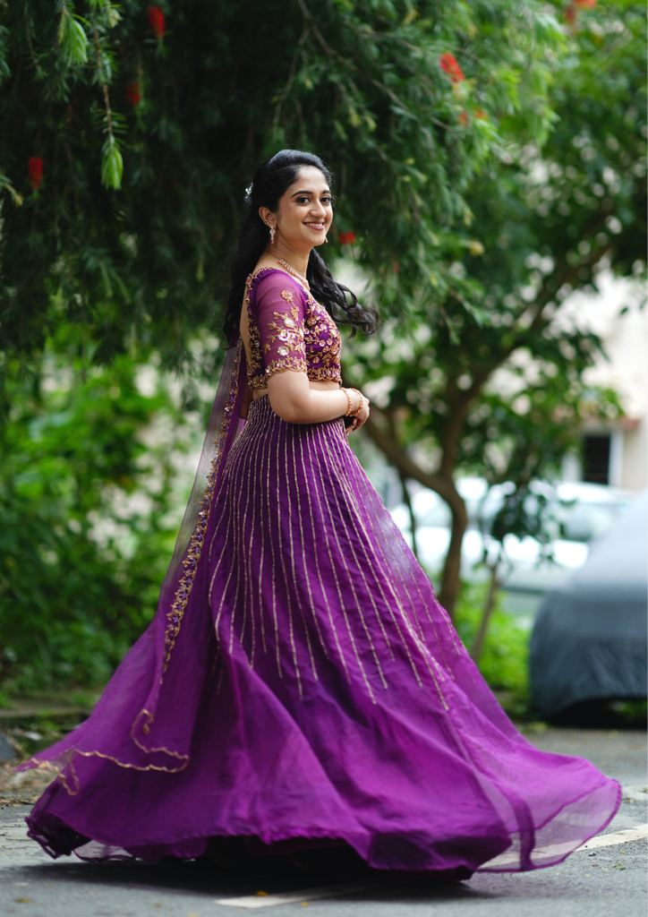 Signature bridal deep Purple hand embroidered Lehenga In Organza