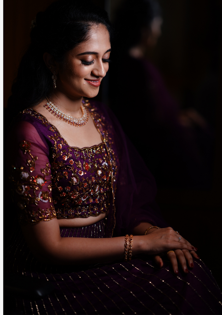 Signature bridal deep Purple hand embroidered Lehenga In Organza