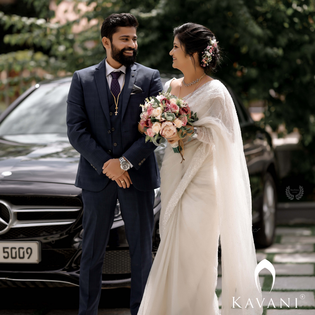 Signature Christian Bridal Saree handcrafted for Bride RithuBinu
