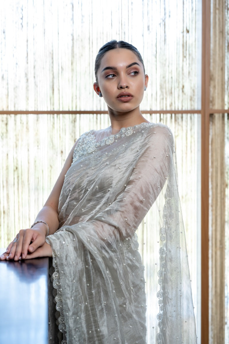 signature Christian bridal Hand embroidered Silver tissue Saree