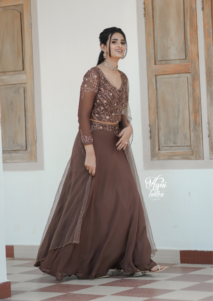 Signature bridal deep brown hand embroidered Lehanga In Georgette