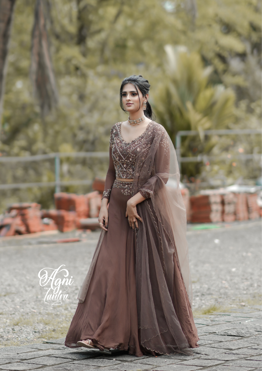 Signature bridal deep brown hand embroidered Lehanga In Georgette