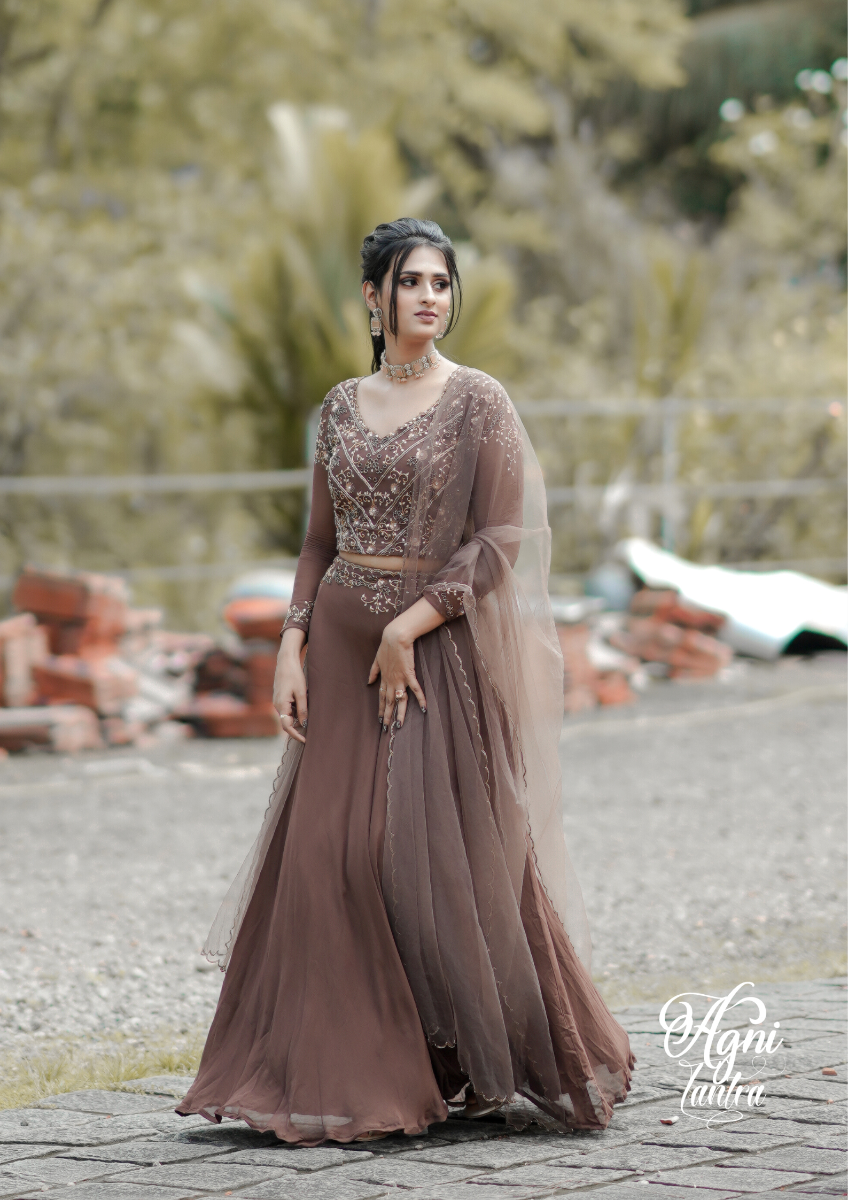 Signature bridal deep brown hand embroidered Lehanga In Georgette