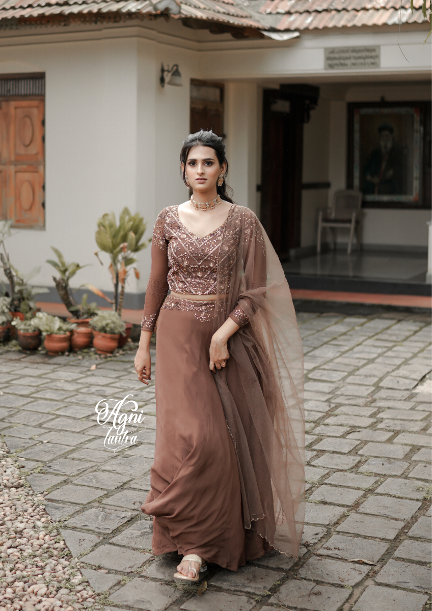 Signature bridal deep brown hand embroidered Lehanga In Georgette