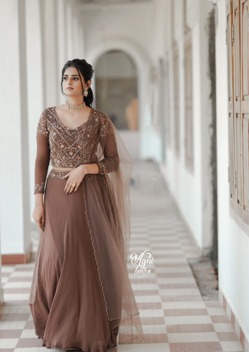 Signature bridal deep brown hand embroidered Lehanga In Georgette