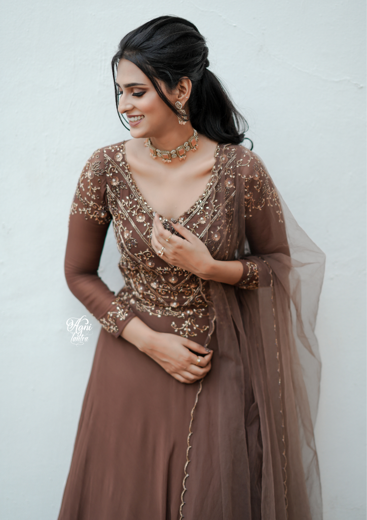 Signature bridal deep brown hand embroidered Lehanga In Georgette