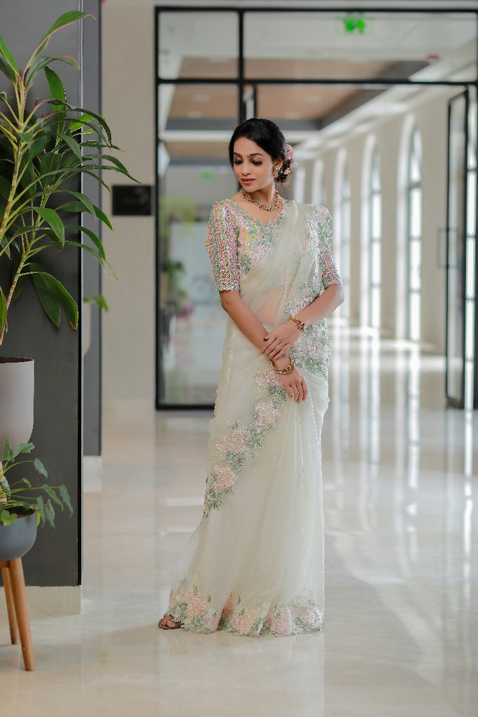 Signature Christian bridal saree in Organza With Subtle Embroidery