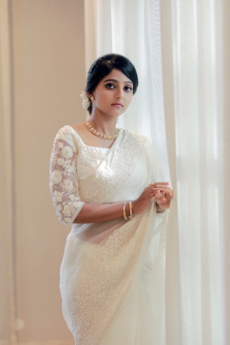 Signature Christian bridal Off-white Hand embellished Organza Saree