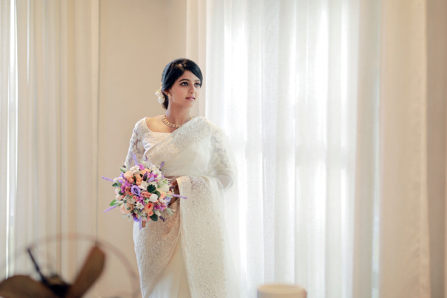 Signature Christian bridal Off-white Hand embellished Organza Saree
