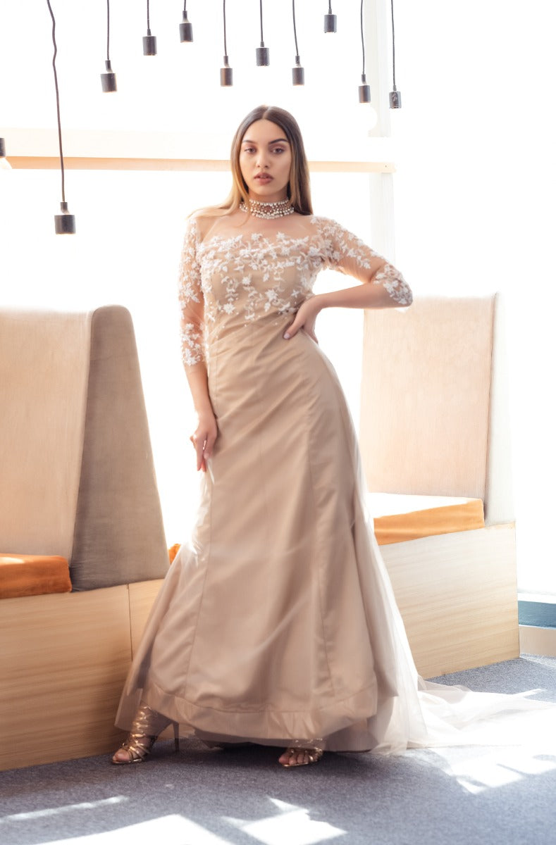 Signature Christian bridal Rosegold Illusion Mermaid Gown In Tulle
