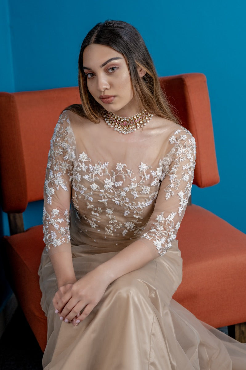 Signature Christian bridal Rosegold Illusion Mermaid Gown In Tulle