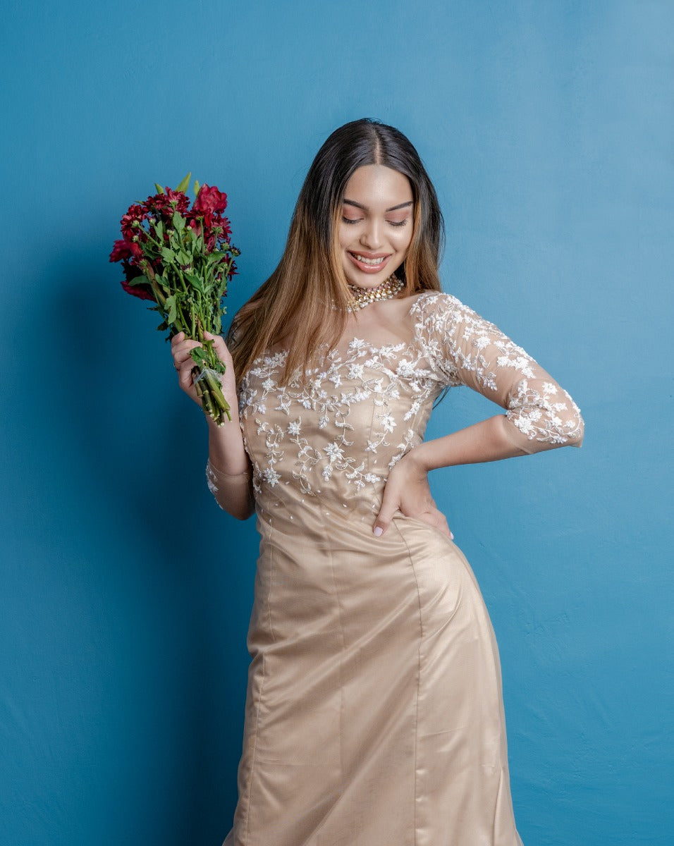 Signature Christian bridal Rosegold Illusion Mermaid Gown In Tulle