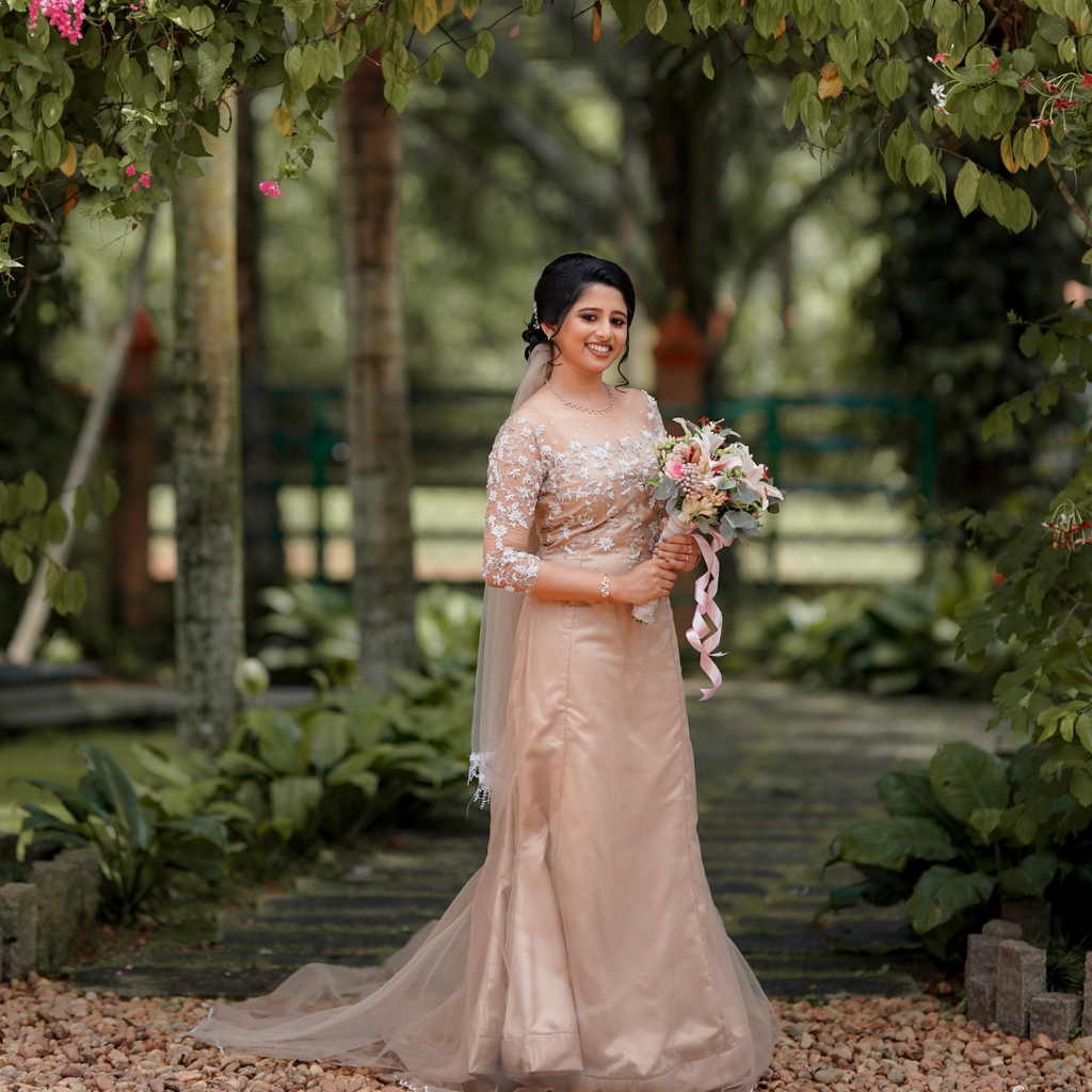 Signature Christian bridal Rosegold Illusion Mermaid Gown In Tulle