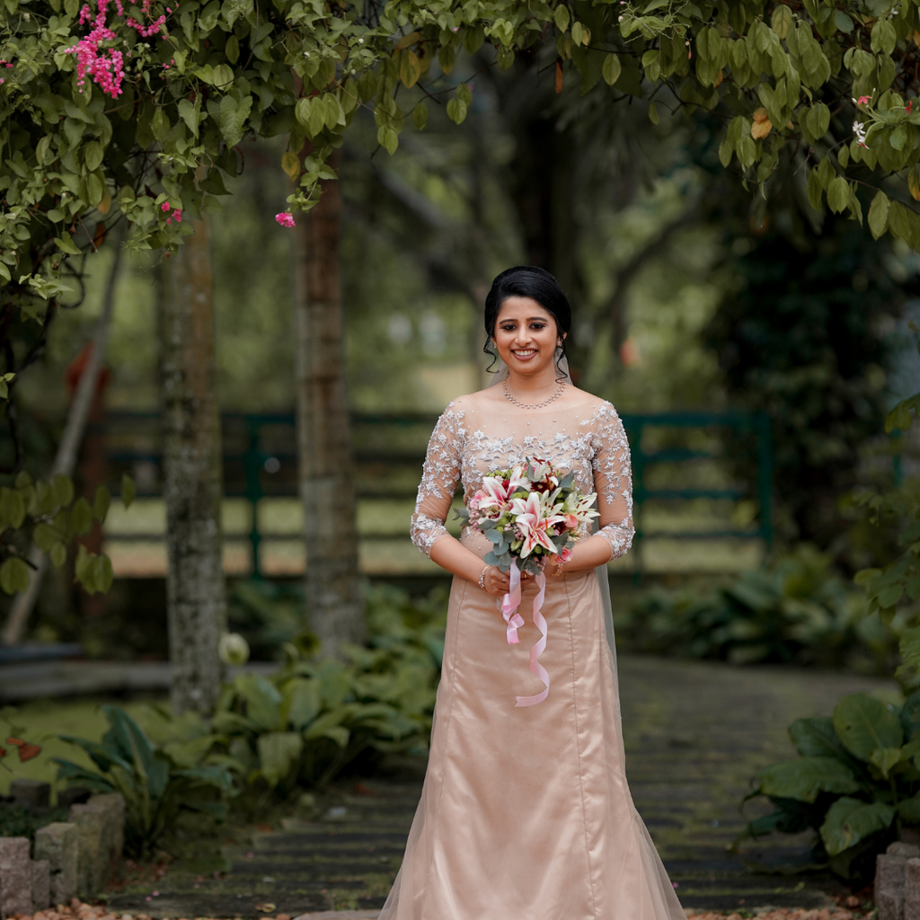 Signature Christian bridal Rosegold Illusion Mermaid Gown In Tulle