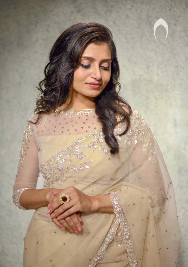 Signature Christian Bridal Saree In Net With Elegant Hand Embroidery