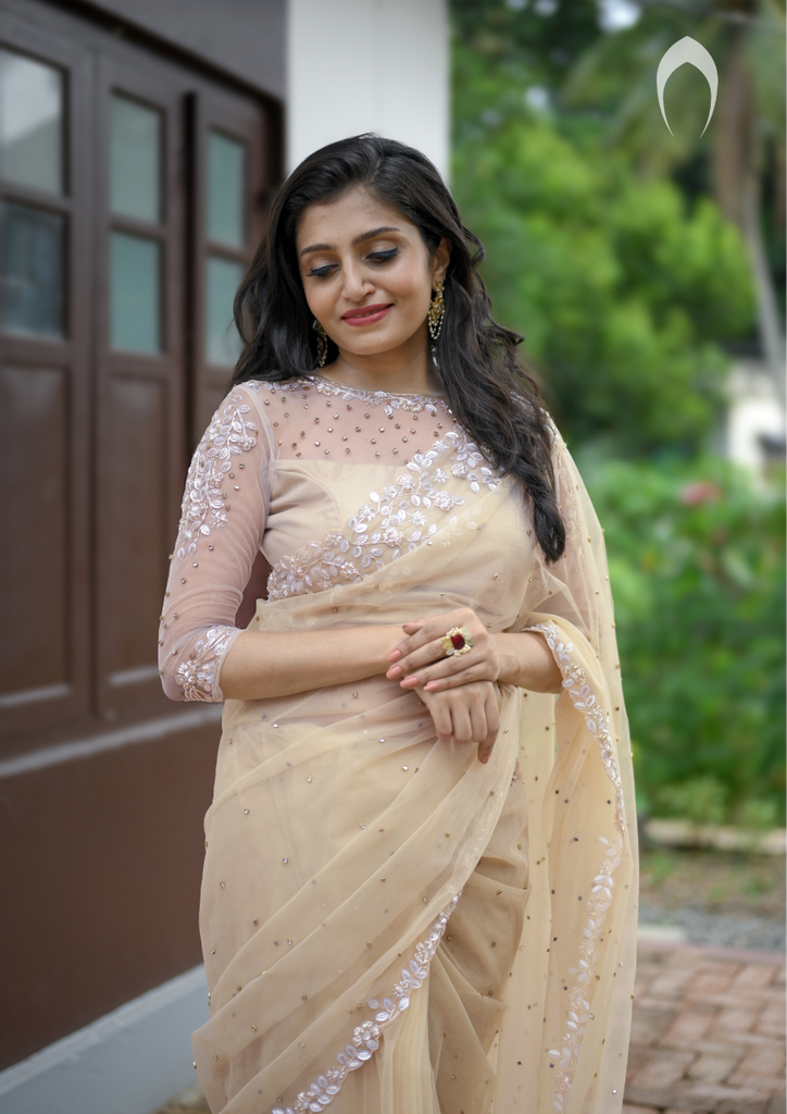 Signature Christian Bridal Saree In Net With Elegant Hand Embroidery