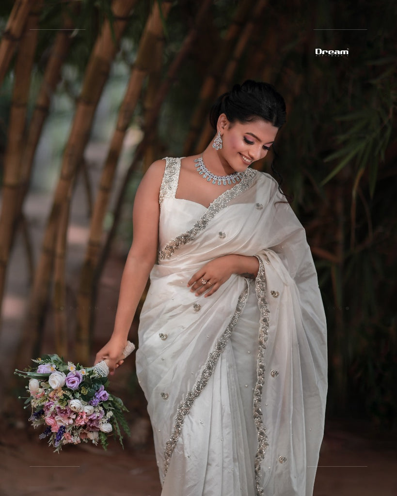 Signature Christian bridal saree in Pure Silk with Zardozi Hand Embroidery