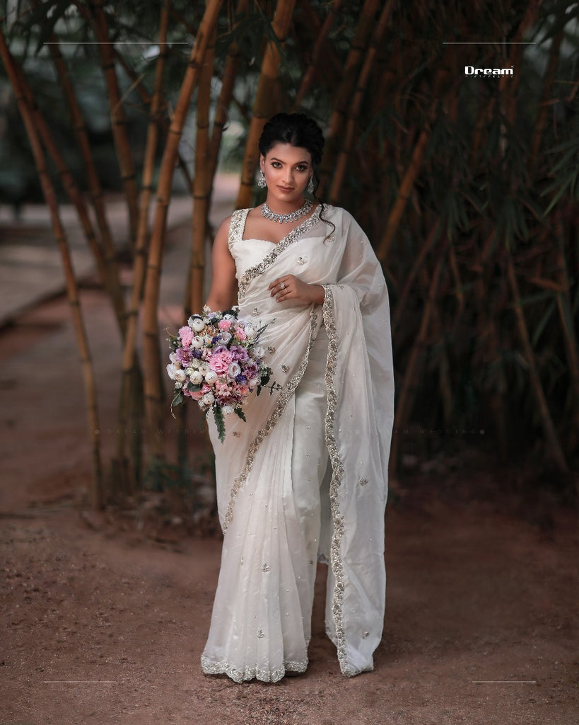Signature Christian bridal saree in Pure Silk with Zardozi Hand Embroidery