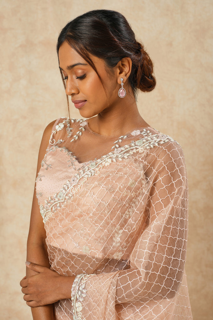 Peach Pink Hand-Embellished Saree with Leaf Border Detailing
