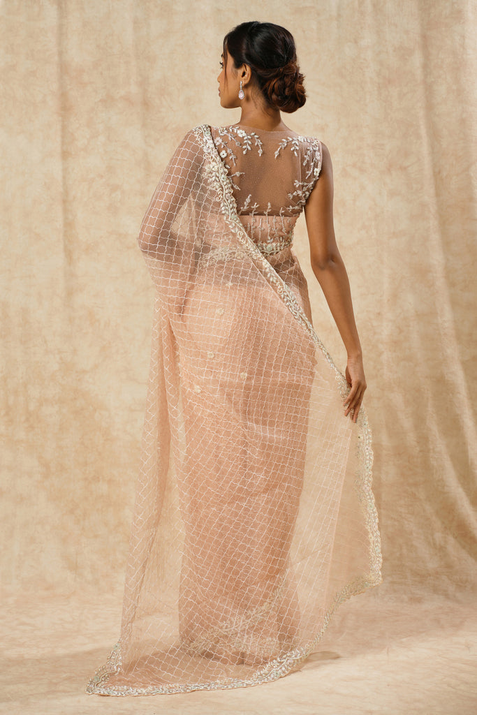 Peach Pink Hand-Embellished Saree with Leaf Border Detailing