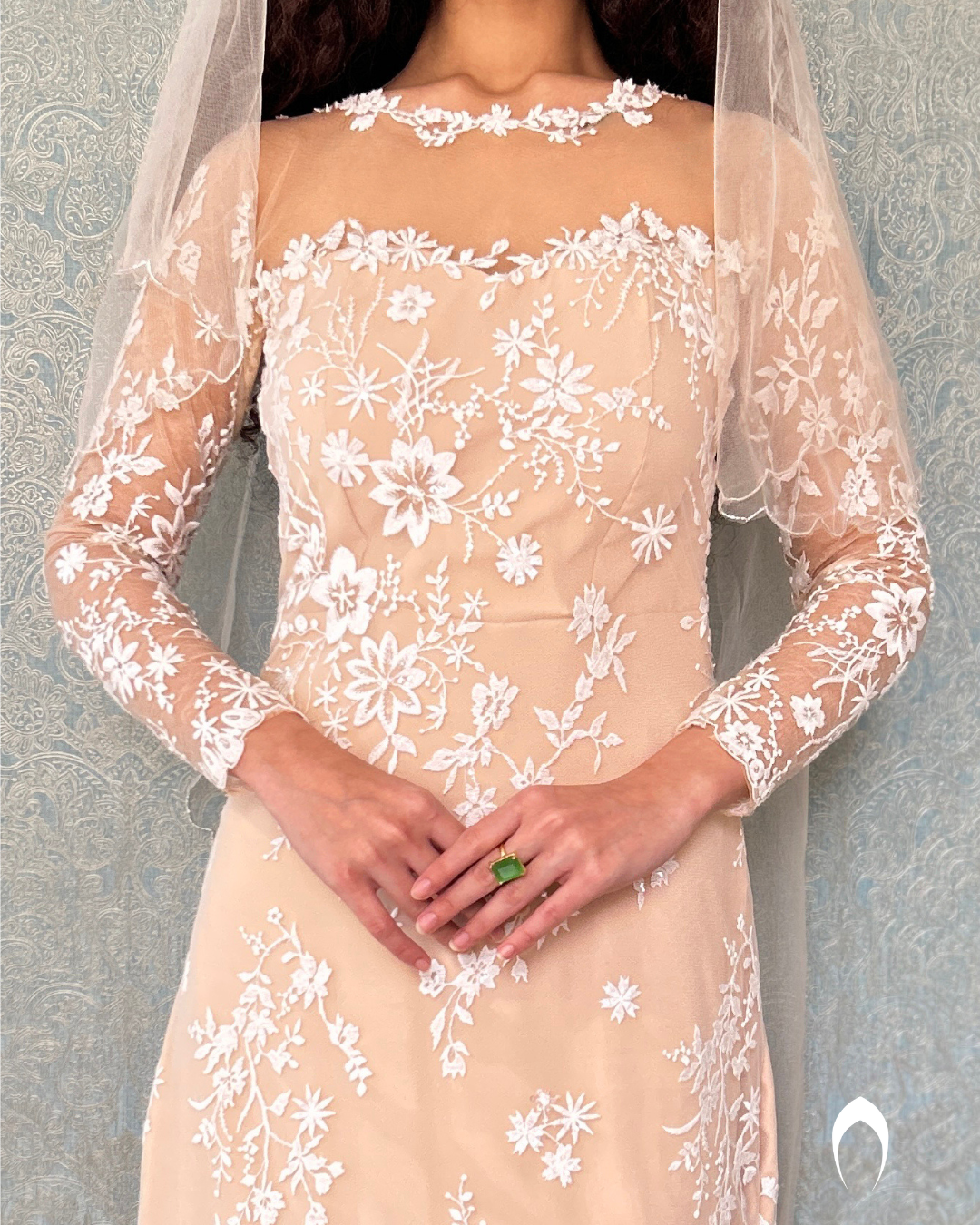 Signature bridal mermaid gown in champagne shade with floral lace embroidery