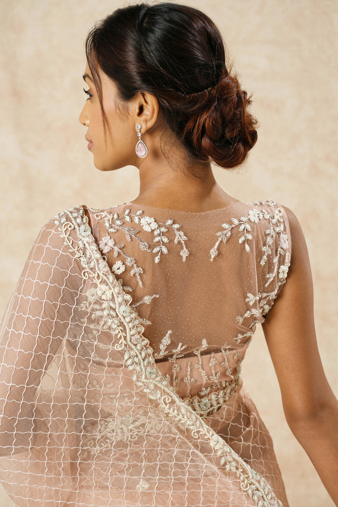 Peach Pink Hand-Embellished Saree with Leaf Border Detailing