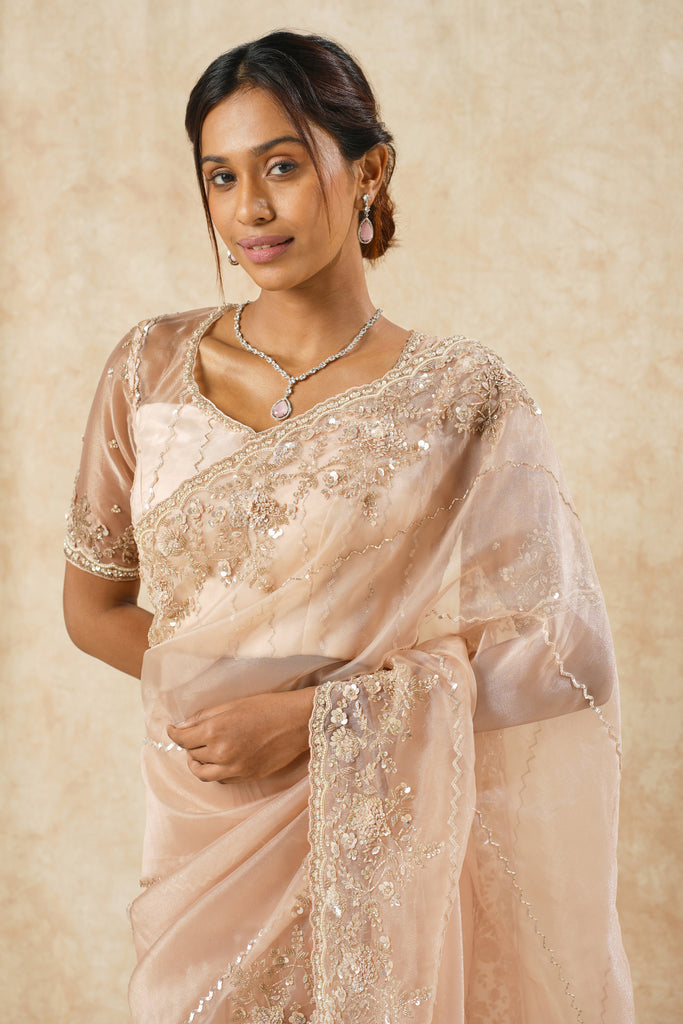 Tissue Organza Saree with Bold Border & Zigzag Sequin Embellishments
