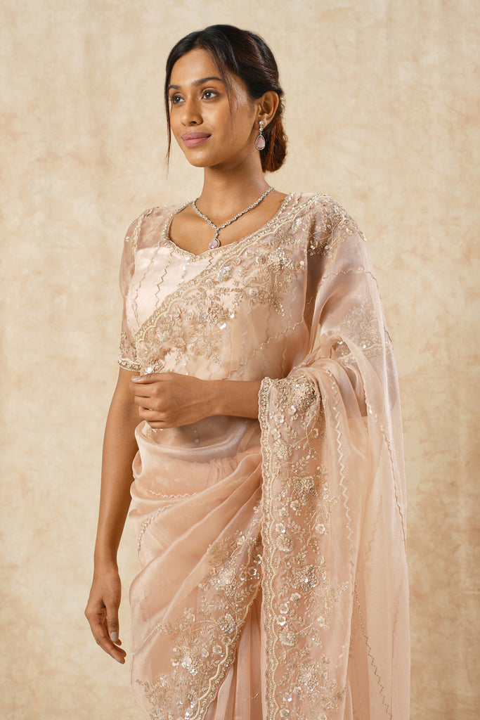 Tissue Organza Saree with Bold Border & Zigzag Sequin Embellishments
