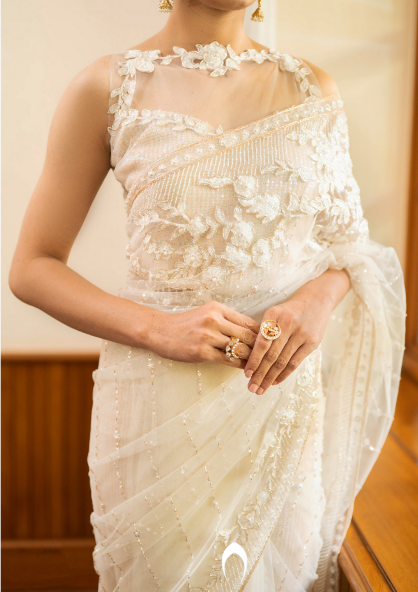 Signature christian bridal saree with intricate lace work and hand embroidery