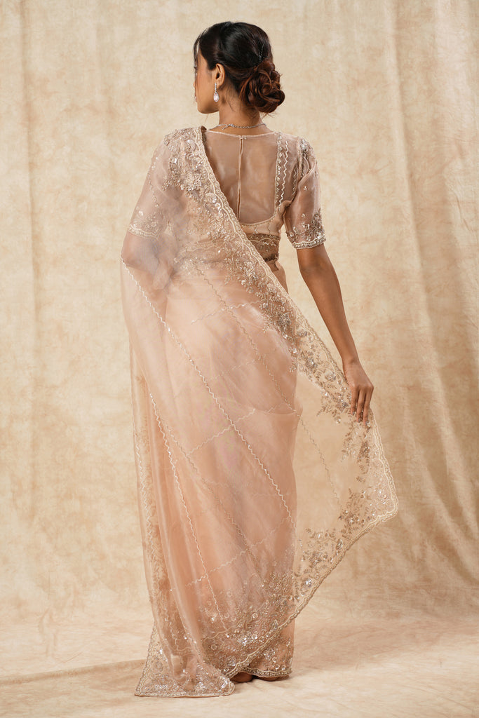 Tissue Organza Saree with Bold Border & Zigzag Sequin Embellishments