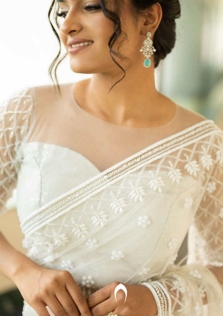 Signature Christian bridal saree in steel shade with heavy hand ermbroidery