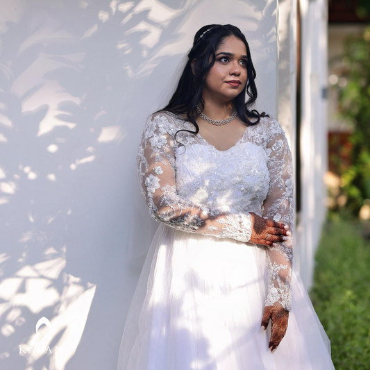 Our beautiful bride in her stunning outlook of her aline bridal gown with embellished lace work and hand embroidery