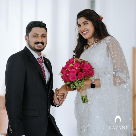 Our beautiful bride in her stunning outlook in her bridal saree with embellished lace and hand embroidery