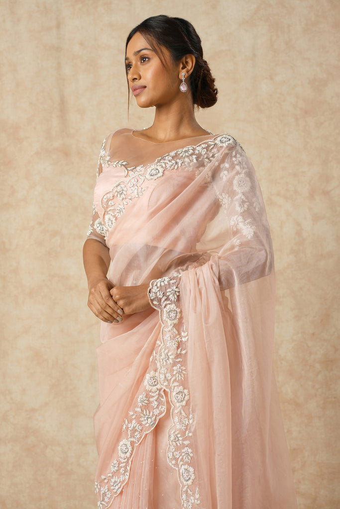 Pink Organza Saree with Handcrafted Floral Border and Blouse