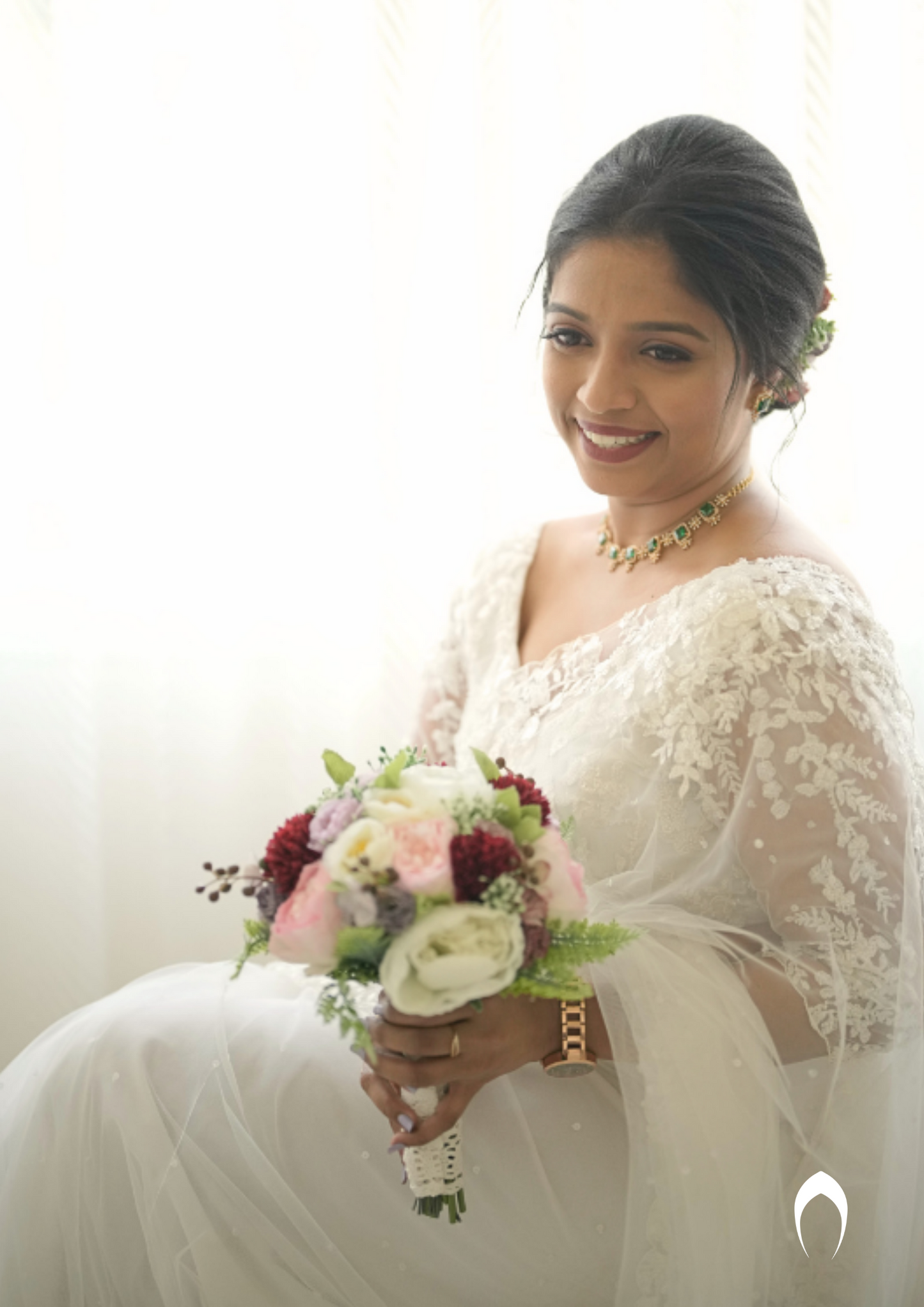 Signature Christian white bridal saree with embellished lace embroidery