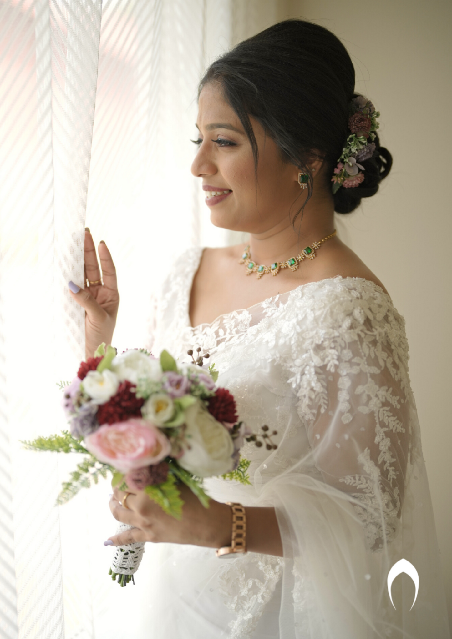 Signature Christian white bridal saree with embellished lace embroidery