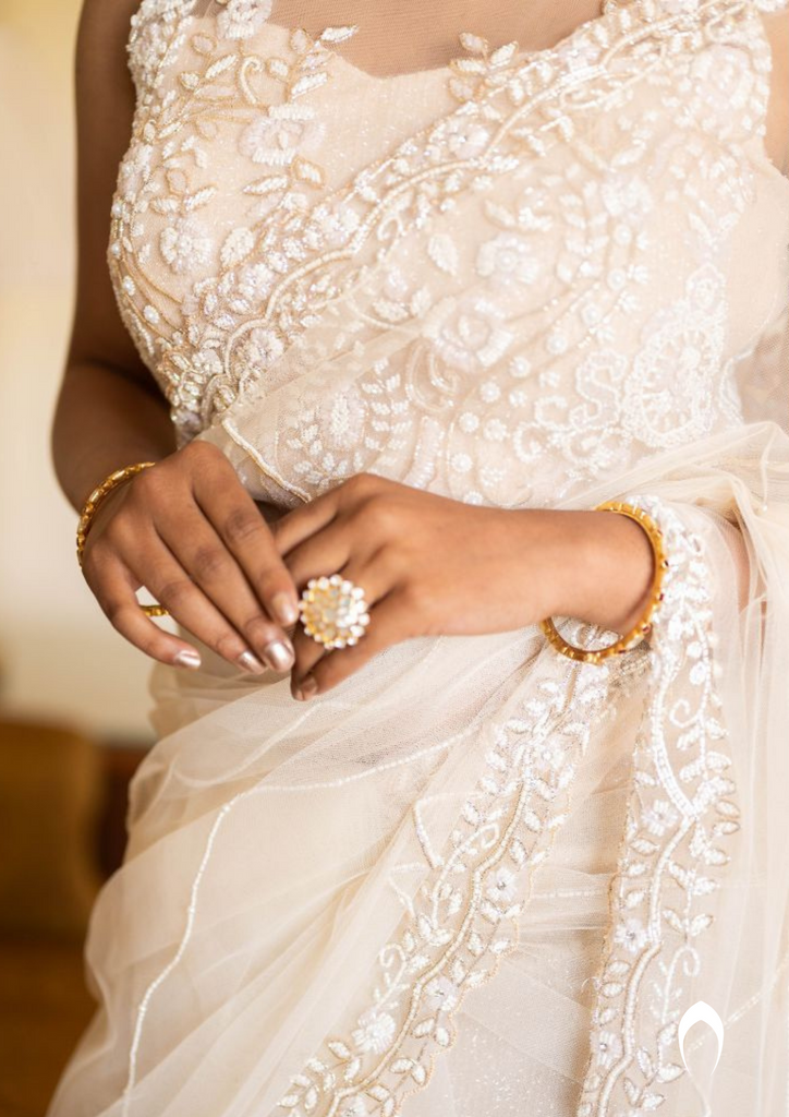 Signature Christian bridal hand embroidered saree with florals and lines
