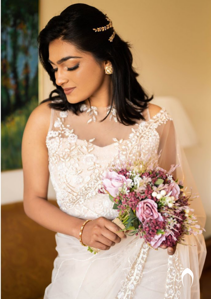 Signature Christian bridal hand embroidered saree with florals and lines