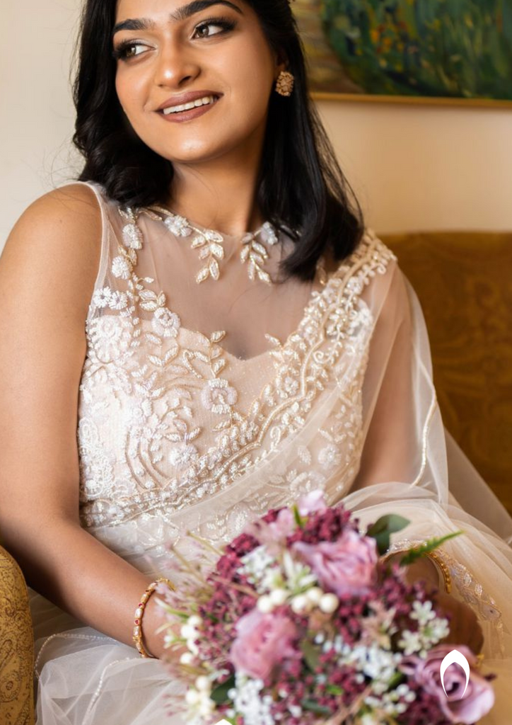 Signature Christian bridal hand embroidered saree with florals and lines