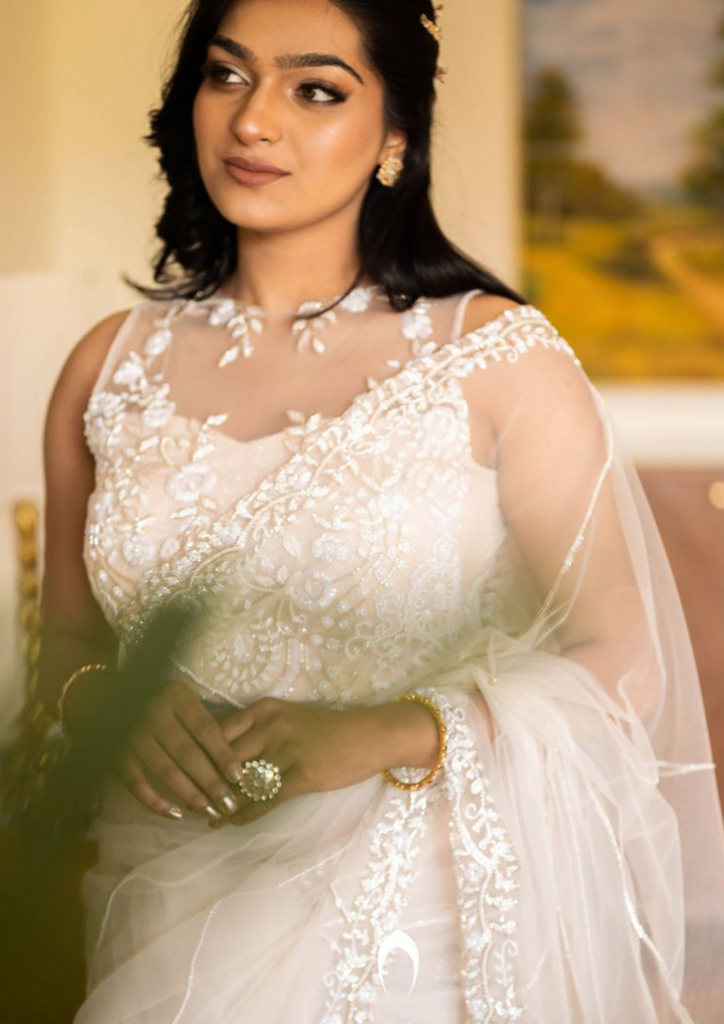 Signature Christian bridal hand embroidered saree with florals and lines