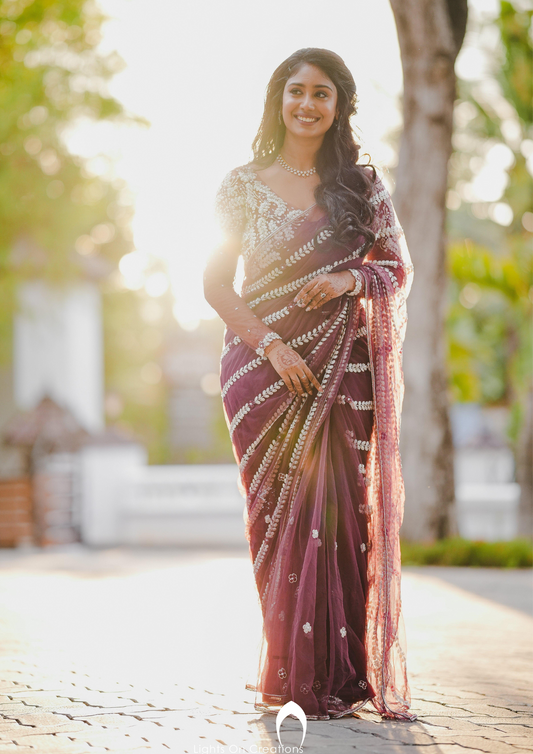 Signature Christian bridal heavy hand embroidered saree in wine shade