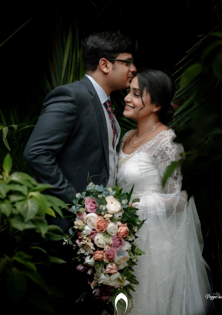 Signature Christian bridal intricate hand embroidered grey saree in net