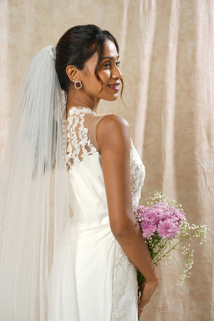 Floral Lace Embellished Sleeveless Halter Neck Mermaid Straight Gown with Long Trail