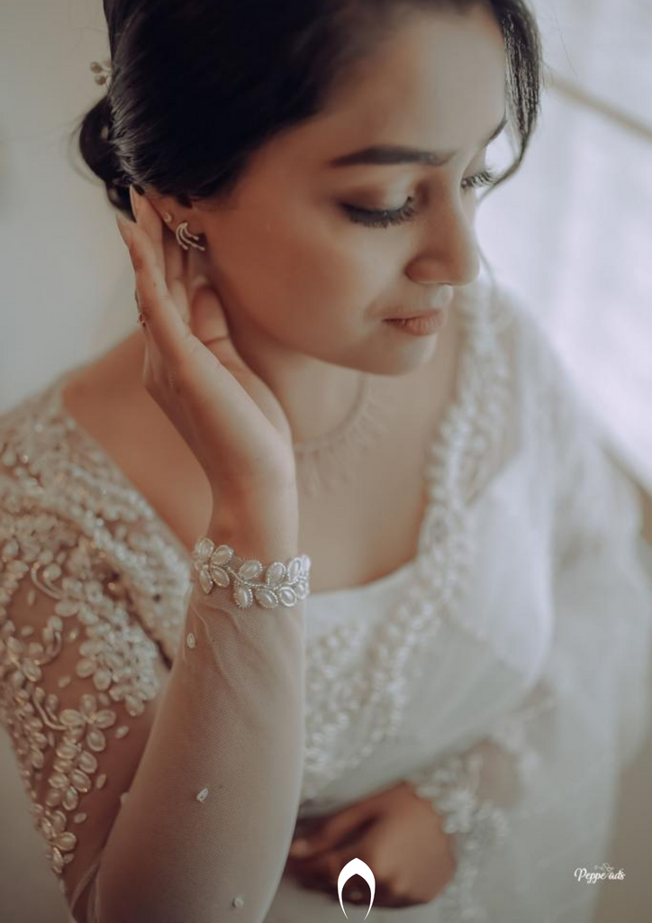 Signature Christian bridal intricate hand embroidered grey saree in net