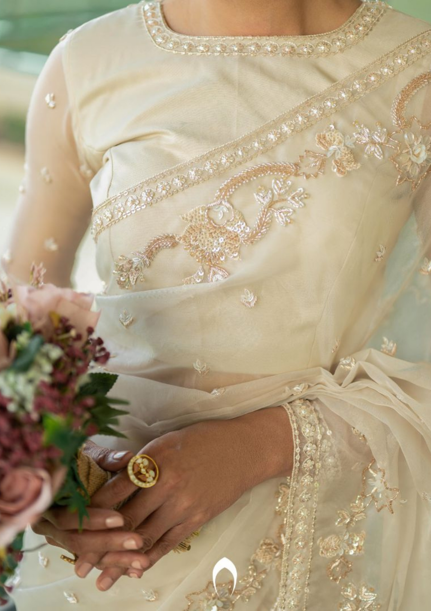 Signature Christian bridal saree in rosegold with heavy hand embroidery